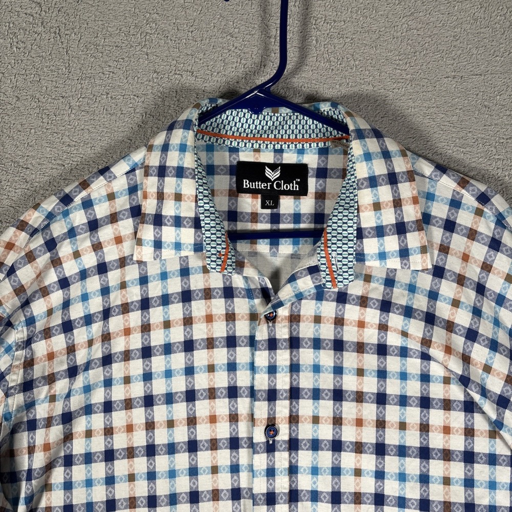 Butter Cloth Mens XL Button Down Shirt Long Sleeve Blue Plaid Cotton Geometric - Picture 10 of 15